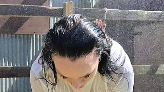 Wet T Shirt Playtime- Cooling off Under a Cold Outdoor Shower