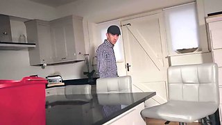 The guy bent the Busty lady in the kitchen and fucked by a big cock