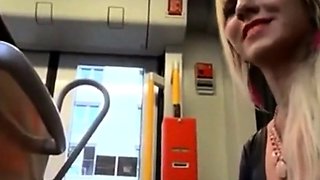 Nervous Boyfriend Receives a Bus Blowjob from His Blonde Gir