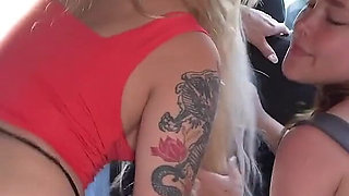 Anal Threesome in the Car with Massive Huge Cock Driver