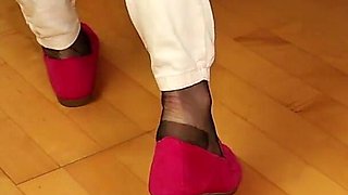 Pink Suede Loafers & Black Rht Nylons - Slow Footplay Under the Desk