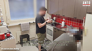 Young hetero plumber (collegue of the previous one) comes to check on my sink and get's $ offered for a blowjob