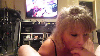 Hot Wife Sucks Her Man's Cock While He Watches Her Suck Cock on the TV