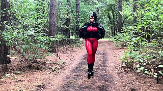 Busty amateur milf wears latex uniform and high heels