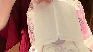 2 Videos COMPILATION: Slim Brunette With Small Tits Swaps Panty Liner For Maxi Pad Close-Up