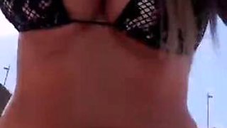 Chubby big natural boobs blonde teasing solo on beach