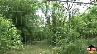 Curvy German Lady with Short Hair Eating Cum in the Woods
