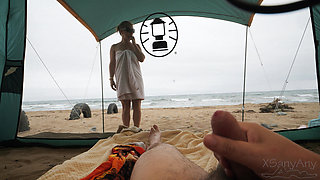 Oh My God!! My Dick Is Showing. Random Sex on the Beach with a Stranger, in a Transparent Tent.