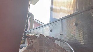 Masturbating with New Tight Clothes and Toilet Brush on the Balcony