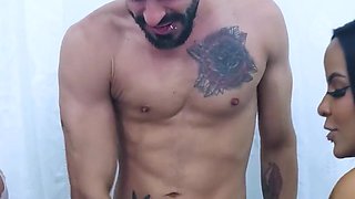 Lucky Man Breaks Into Two Brunettes in Bed: Tight Pussies and Cock Beating