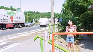 Busty amateur blonde banged in public outdoor