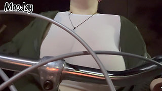 Flashing big tits and hairy pussy on a public bike ride Outside