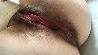 Very hairy after orgasm during ovulation. Girl fucks hairy dildo pussy on her side