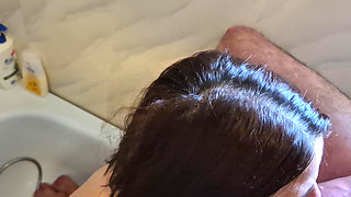 Piss and cum facial on eager gf in shower with flaccid cock