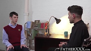 FatherXXX.com - Young believer jerks off in ecstasy as religious daddy drills him with sacred toys