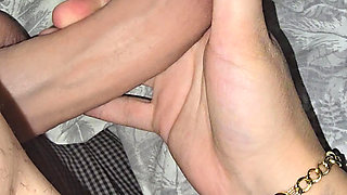 Step Mom Giving step son big dick a quick handjob to test his sexual abilities