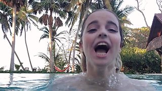 Busty curly brunette with big boobs fucks on couch