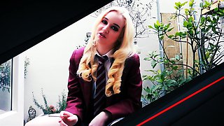 Naughty Schoolgirl Sucks off Anonymous Cock at the Milking Table