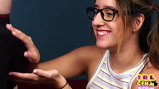 Cute CFNM glasses babe deepthraoting guy