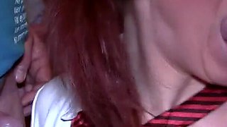 Redhead Cock Whore Wears a Cum Collar and Sucks off an Army of Dicks Before Getting Plastered in Spunk
