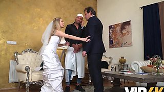 Psychologist sits and watches bride getting sexual experience in wedding dress