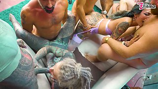 Tattooed Girls in Mayhem Squirting Orgy action with anal fucking and huge facial cumshots!