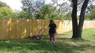 Nurse Vicki Mowing Grass dressed then topless