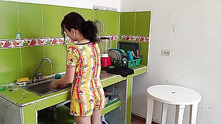 Fucking my stepsister's friend in the kitchen