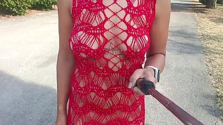 Polish girl flashes huge natural tits and pussy in lace dress outdoor public