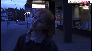 Skinny blonde fucks her pussy with a huge dildo