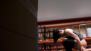 Boss fucks the black-haired milf in the warehouse
