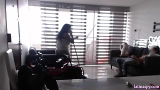 Amateur Latina MILF with huge natural tits jerks off while cleaning her house - homemade HD video part 1