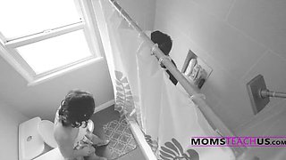 StepMom & StepSis Trick Virgin StepSon with Shower Glory Hole Prank - Family Threesome Taboo