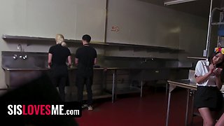 Stepbro & his two step sisters work hard for their boss at the eatery, but stepbro gets a facial from his sexy employee, Mads