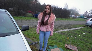 Beautiful long haired brunette gives a blowjob and gets fucked in a car.