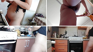 Sexy mom prepares breakfast, hairy pussy, big tits.