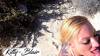 Blonde sucks cock POV on vacation at the beach