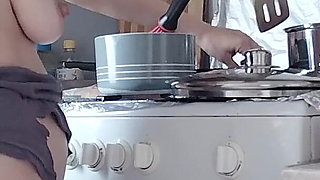 Sexy Naked Wife Preparing Food in the Kitchen. Hairy Brunette, Big Ass, Big Tits.