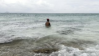 Monika Fox Swims in Sea and Fucks Pussy with a Big Dildo on a White Sand Beach