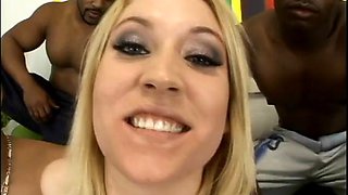 Immoral pretty blonde chick takes four black dicks inside her all wet holes