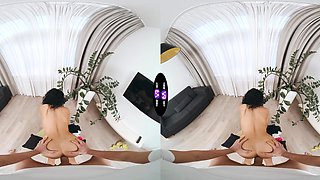 Mini Mitzi enjoys riding cock in doggy style with shaved pussy in vr
