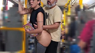 Young whore student gets fucked by an older guy right on the bus in public