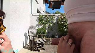 MILF in Black Lingerie and Stockings Outdoors Gives Great Blowjob and Drains on Her Big Natural Tits
