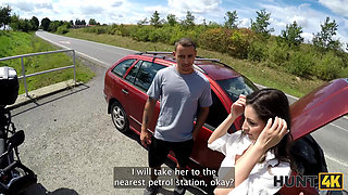 HUNT4K. Humiliating her boyfriend while sucking a huge biker's cock in the forest