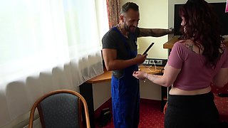 Chubby German amateur teen fucks the handyman