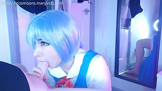 Rei Ayanami first time, fucks rough with her big oiled butt, makes step dad cum loads over cute face