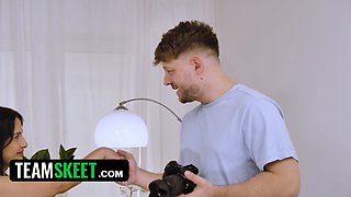 TeamSkeet convinces young brunette to take a wild ride in fake photographer's office