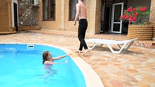Petite pool babe gets both holes fucked