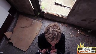 Public MILF with tattooed body fucked in abandoned building