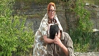 Busty Granny and Teen Pleasing a Dick Outdoors